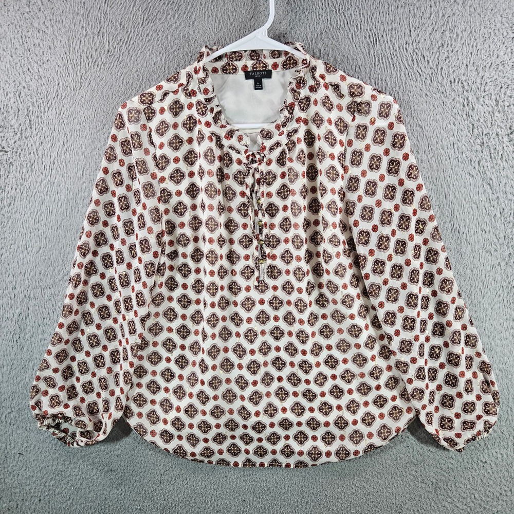 Talbots Petite Medallion‎ Print Ruffle Neck Tie Front Blouse Gold Metallic SP